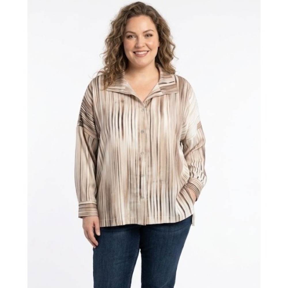 WynneLayers Button Down Blouse XL Tan Abstract Stripe Relaxed Drop Shoulder